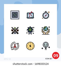 Group of 9 Modern Filledline Flat Colors Set for winner; award; stop watch; play; fun Editable Vector Design Elements