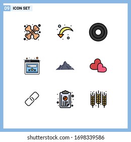 Group of 9 Modern Filledline Flat Colors Set for nature; hill; basic; website; browser Editable Vector Design Elements