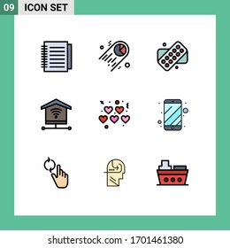Gruppe von 9 modernen Flachfarben für Handys; Liebe; Tablette; Herzen; Design-Elemente für Vektorillustrationen im Internet