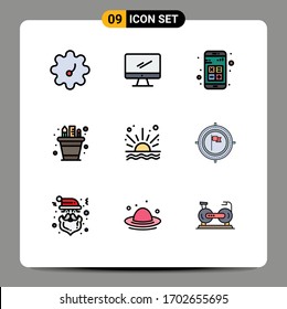 Group of 9 Modern Filledline Flat Colors Set for ocean; pencil pot; app; pencil; business Editable Vector Design Elements