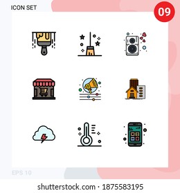 Group of 9 Modern Filledline Flat Colors Set for shout; alert; loud; store; shop Editable Vector Design Elements