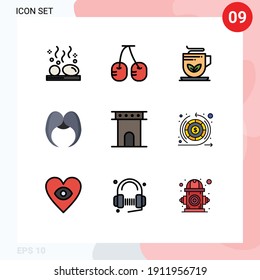 Group of 9 Modern Filledline Flat Colors Set for arch; male; cup; movember; moustache Editable Vector Design Elements