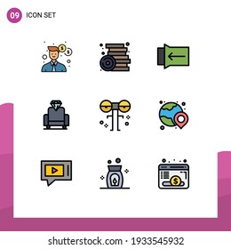 Group of 9 Modern Filledline Flat Colors Set for halloween; big; toys; media; cinema Editable Vector Design Elements