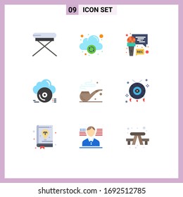 Group of 9 Modern Flat Colors Set for smoke; store; microphone; cloud; disc Editable Vector Design Elements