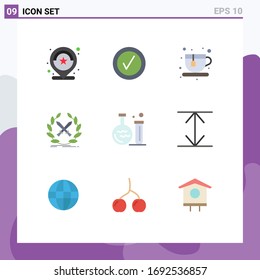 Group of 9 Modern Flat Colors Set for flask; swords; diet; label; emblem Editable Vector Design Elements