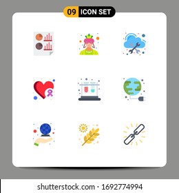 Group of 9 Modern Flat Colors Set for school; heart; costume; cancer; cloud Editable Vector Design Elements
