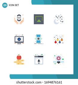 Group of 9 Modern Flat Colors Set for focus; eye; cresent; sign; medical Editable Vector Design Elements