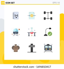Grupo de 9 colores planos modernos para experimentos científicos; investigación de laboratorio; automóvil; laboratorio; materiales de diseño de vectores editables de trenes