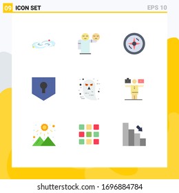 Group of 9 Modern Flat Colors Set for face; shield; healthcare; security; key Editable Vector Design Elements