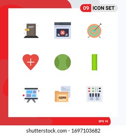 Group of 9 Modern Flat Colors Set for sport; human heart; website; heart shape; focus Editable Vector Design Elements