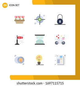 Group of 9 Modern Flat Colors Set for waiting; hourglass; target; cold; windy Editable Vector Design Elements