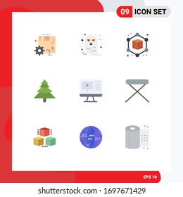 Group of 9 Modern Flat Colors Set for appliances; video; cube; play; tree Editable Vector Design Elements