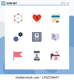 Group of 9 Modern Flat Colors Set for multimedia; media; chart; film; gears Editable Vector Design Elements