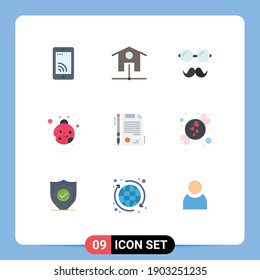 Group of 9 Modern Flat Colors Set for candy; document; father; certificate; lady bug Editable Vector Design Elements