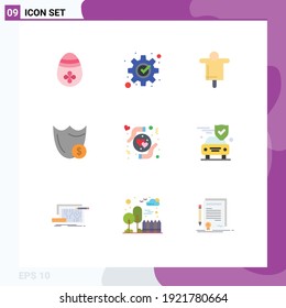 Group of 9 Modern Flat Colors Set for dollar; secure; agriculture; safety; shield Editable Vector Design Elements