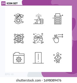 Group of 9 Modern Outlines Set for connections; globe; review; earth; energy Editable Vector Design Elements
