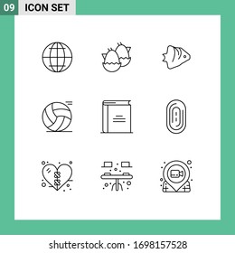 Group of 9 Modern Outlines Set for education; play; fish; sport; ball Editable Vector Design Elements