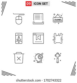 Group of 9 Modern Outlines Set for office; check; shopping; bookmark; smartphone Editable Vector Design Elements