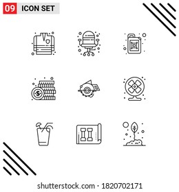 Group of 9 Modern Outlines Set for construction; building; oil; saw; money Editable Vector Design Elements