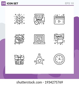 Grupo de 9 líneas de corte modernas para portátil; almacenamiento; medios de comunicación; seo; elementos de diseño de vectores editables por cortafuegos
