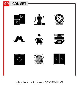 Group of 9 Modern Solid Glyphs Set for people; men; hospital; male; hipster Editable Vector Design Elements