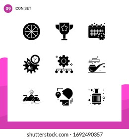 Group of 9 Modern Solid Glyphs Set for team performance; authority responsibility; schedule; process; engineering Editable Vector Design Elements