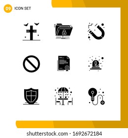 Group of 9 Modern Solid Glyphs Set for diploma; certificate; secure; stop; close Editable Vector Design Elements
