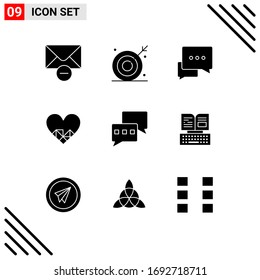 Group of 9 Modern Solid Glyphs Set for chatting; like; shooting target; love; bubble Editable Vector Design Elements