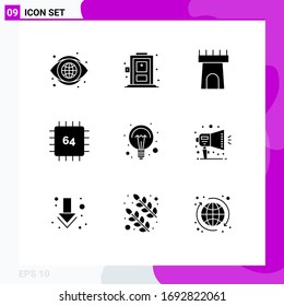 Group of 9 Modern Solid Glyphs Set for ideas; education; castle; hardware; devices Editable Vector Design Elements