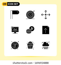 Group of 9 Modern Solid Glyphs Set for global; trends; full screen; marketing; computer Editable Vector Design Elements