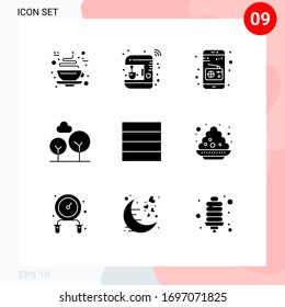 Group of 9 Modern Solid Glyphs Set for colour; grid; smart; tree; cypress tree Editable Vector Design Elements