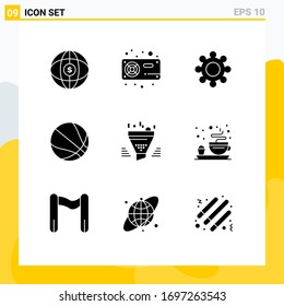 Group of 9 Modern Solid Glyphs Set for sort; filter; vga; basketball; education Editable Vector Design Elements