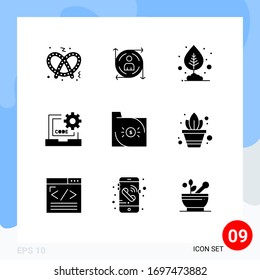 Group of 9 Modern Solid Glyphs Set for banking; programming; plant; development; coding Editable Vector Design Elements
