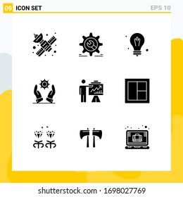 Group of 9 Modern Solid Glyphs Set for arrow; modern; wrench; development; science Editable Vector Design Elements