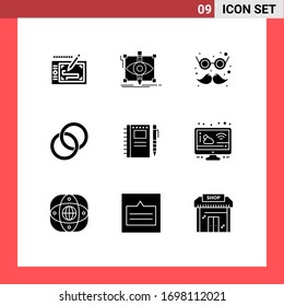 Group of 9 Modern Solid Glyphs Set for sketch notebook; couple; visual; wedding; moustache Editable Vector Design Elements