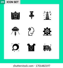 Group of 9 Modern Solid Glyphs Set for mind; idea; tower; mars; ufo Editable Vector Design Elements