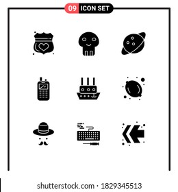 Group of 9 Modern Solid Glyphs Set for steamboat; wireless; death; receiver; phone Editable Vector Design Elements