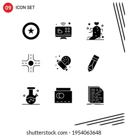 Group of 9 Modern Solid Glyphs Set for design; candy; drug; sweet; crossroad Editable Vector Design Elements