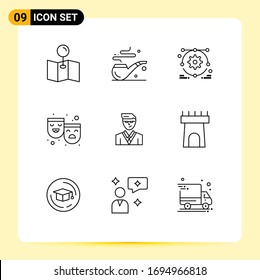 Group of 9 Outlines Signs and Symbols for castle; student; masks; manager; man Editable Vector Design Elements