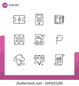 Group of 9 Outlines Signs and Symbols for device; compter; business; cooler fan; pen Editable Vector Design Elements