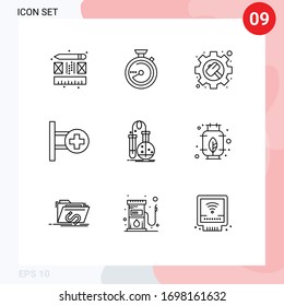 Group of 9 Outlines Signs and Symbols for flask; testing; hammer; board; hospital Editable Vector Design Elements