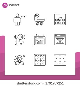 Group of 9 Outlines Signs and Symbols for lightning; illumination; push; interface; develop Editable Vector Design Elements