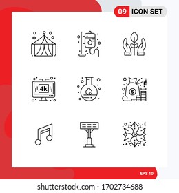 Group of 9 Outlines Signs and Symbols for energy; technology; conservation; media; computer Editable Vector Design Elements