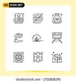 Group of 9 Outlines Signs and Symbols for save; cloud; herbal; blender; kitchen Editable Vector Design Elements