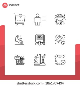 Group of 9 Outlines Signs and Symbols for bid; face; conversion; girl; female Editable Vector Design Elements