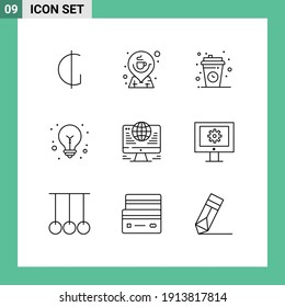 Group of 9 Outlines Signs and Symbols for computer; light bulb; map; idea; cup Editable Vector Design Elements