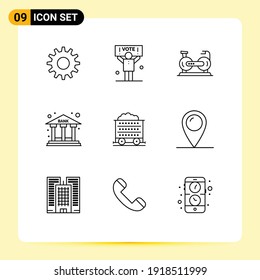 Group of 9 Outlines Signs and Symbols for barrow; building; cycle; office; bank Editable Vector Design Elements