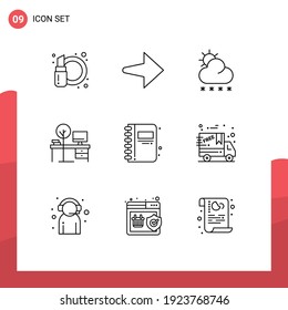 Group of 9 Outlines Signs and Symbols for education; back to school; sun; table; office Editable Vector Design Elements