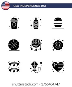 Group of 9 Solid Glyphs Set for Independence day of United States of America such as decoration; usa; burger; sports; backetball Editable USA Day Vector Design Elements