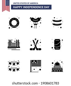 Group of 9 Solid Glyphs Set for Independence day of United States of America such as beer; american; golden; sports; hockey Editable USA Day Vector Design Elements